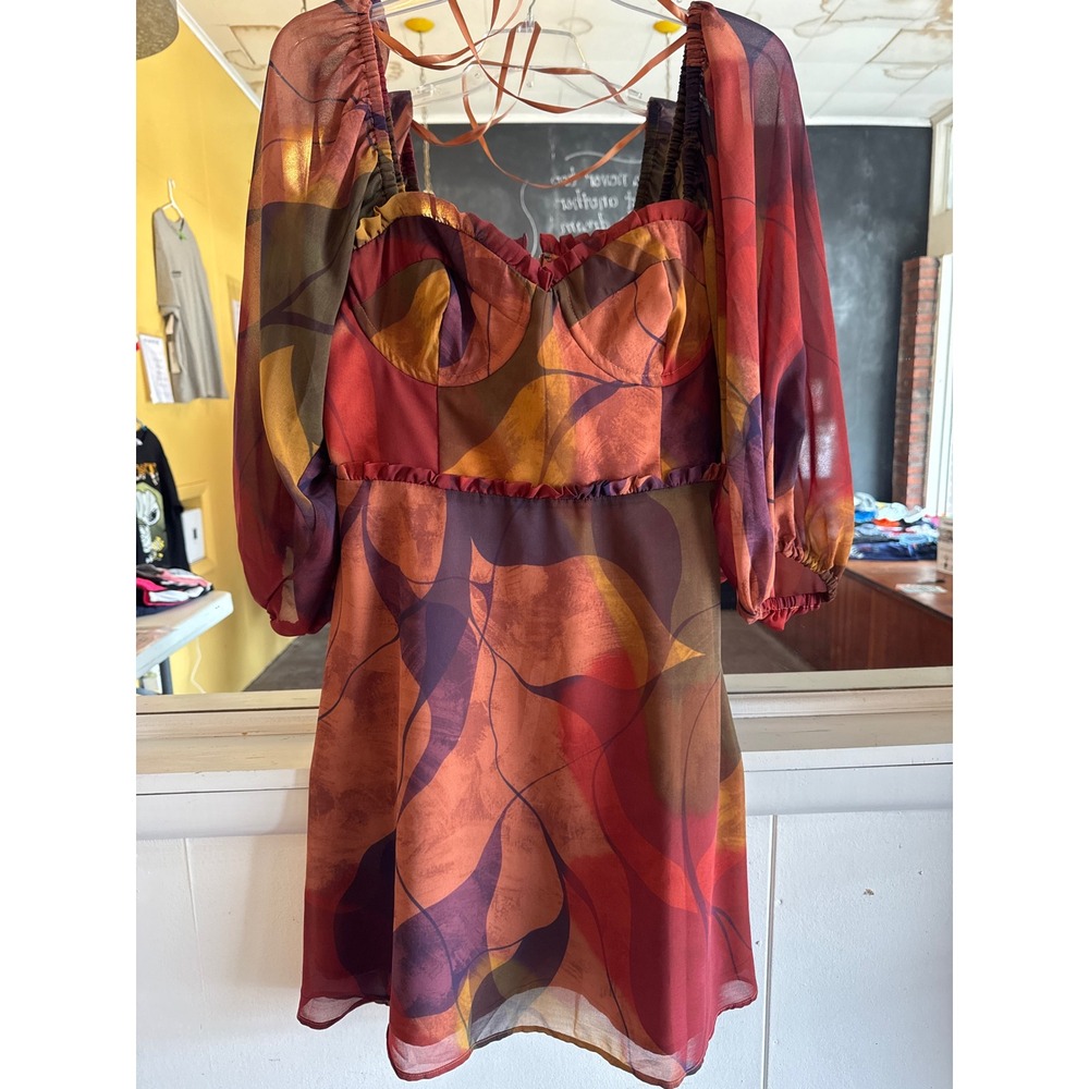 Hutch Abstract Leaf Mini Dress Sweetheart Puff Sleeve Rust Multi 10267NR 10